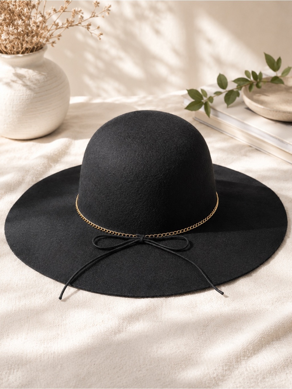 Women’s Charcoal Black Wide Brim Hat Gold Chain Bow NWT/NEW
